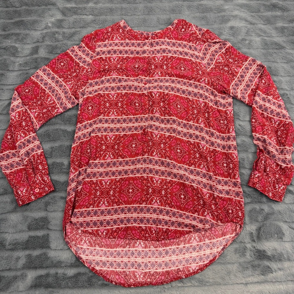 Lucky Brand Womens Red Paisley Medallion Button Down Blouse High Low Hem Small